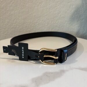 Coach Black Leather Croc Embossed Belt with Gold Buckle NWT